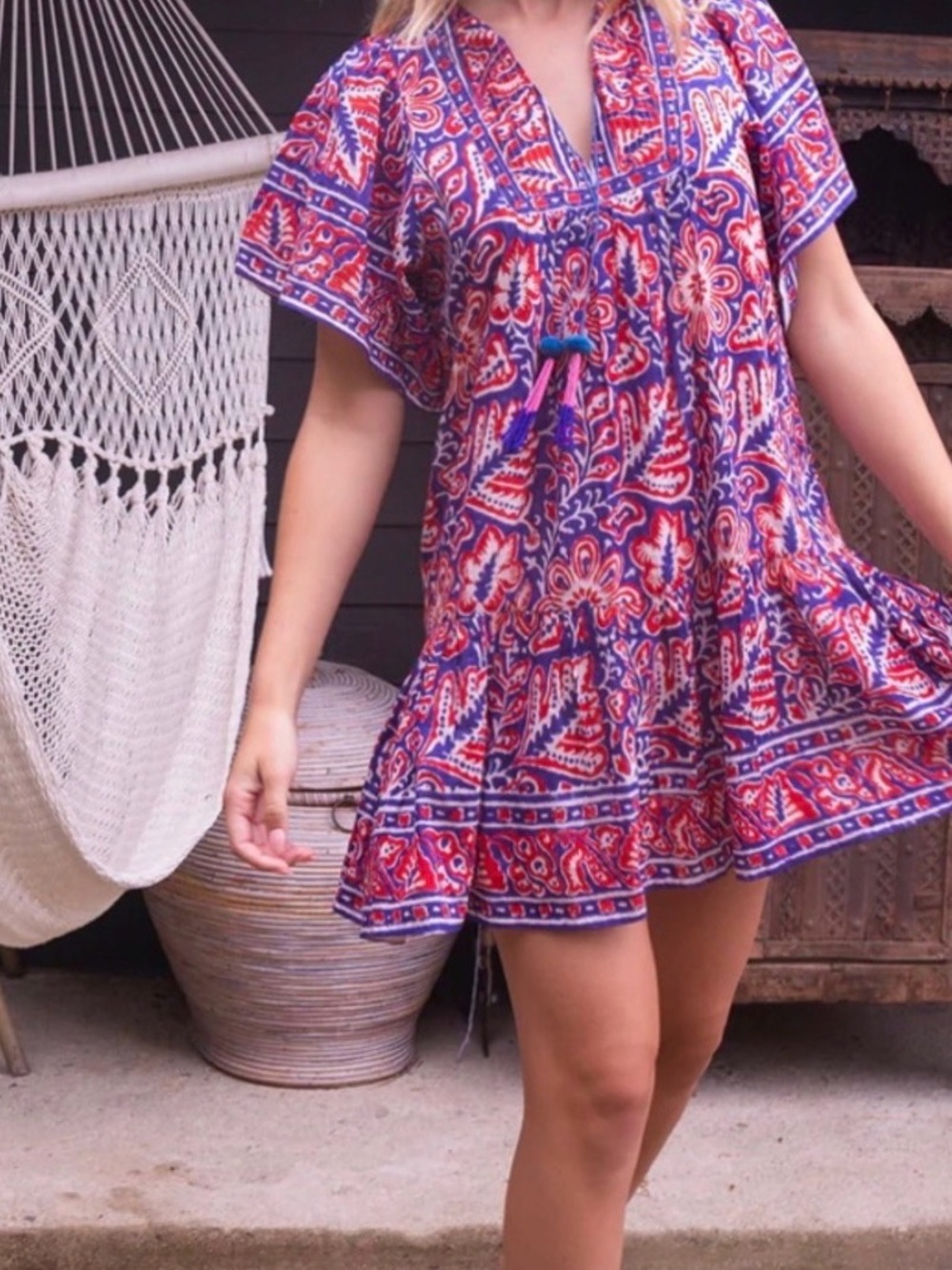 Bell Red, Navy and White Printed Button-Front Blouse
